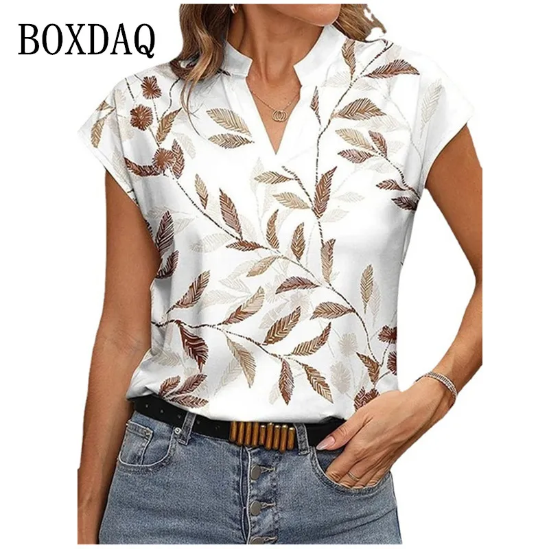

French Fashion Women Blouses Summer Plant Flowers Leaf Print Shirts Casual V-Neck Short Sleeve Loose Tops Oversized Clothes 2023