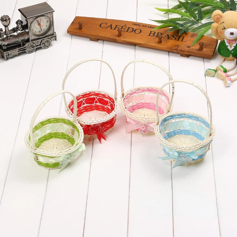 

Rattan Woven Basket Plastic Pastoral Children Carrying Basket Bow Storage Basket Fruit Basket Eco-Friendly Candy Basket