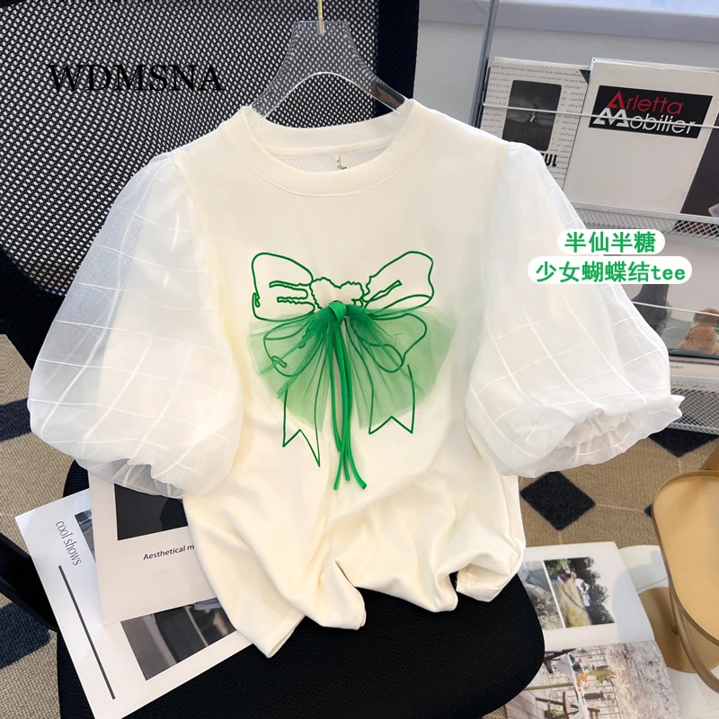 

WDMSNA White Three-dimensional Bow Tee Shirt Femme Puff Sleeve Summer T-shirt Sweet Round Neck T-shirt Womens Crop Top Women