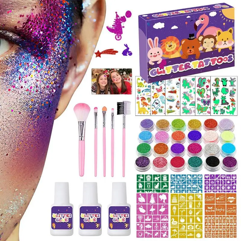 

24 Colors Temporary Glitter Tattoo Set Kids Face Body Glowing Stickers With 6 Stencils 3 Glue 5 Brushes For Birthday Party