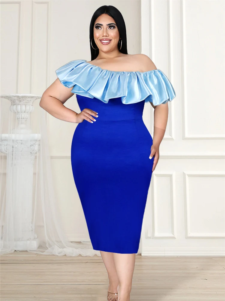 

Blue Patchwork Dress Plus Size 4XL Cold Shoulder Ruffles Two Tone Bodycon Evening Cocktail Party Outfits for Women Event Gowns