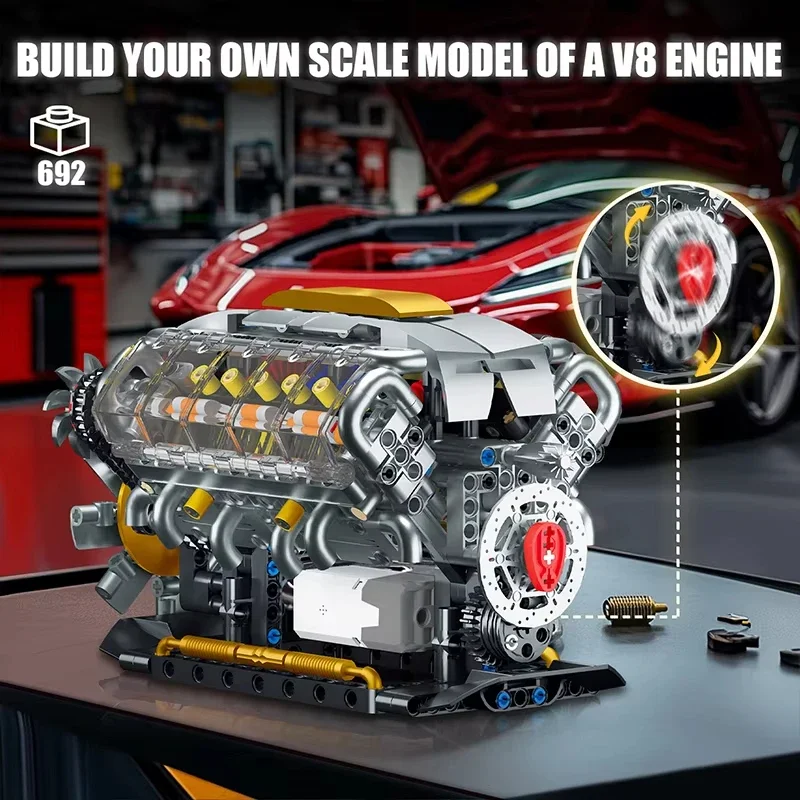 MOC Technician с электроприводом V8 модель двигателя набор строительных блоков для