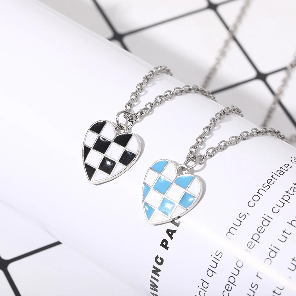 Черно-синее и белое клетчатое ожерелье с подвеской в форме сердца Женская цепочка для пар влюбленных бойфрендов праздничный подарок для фестиваля