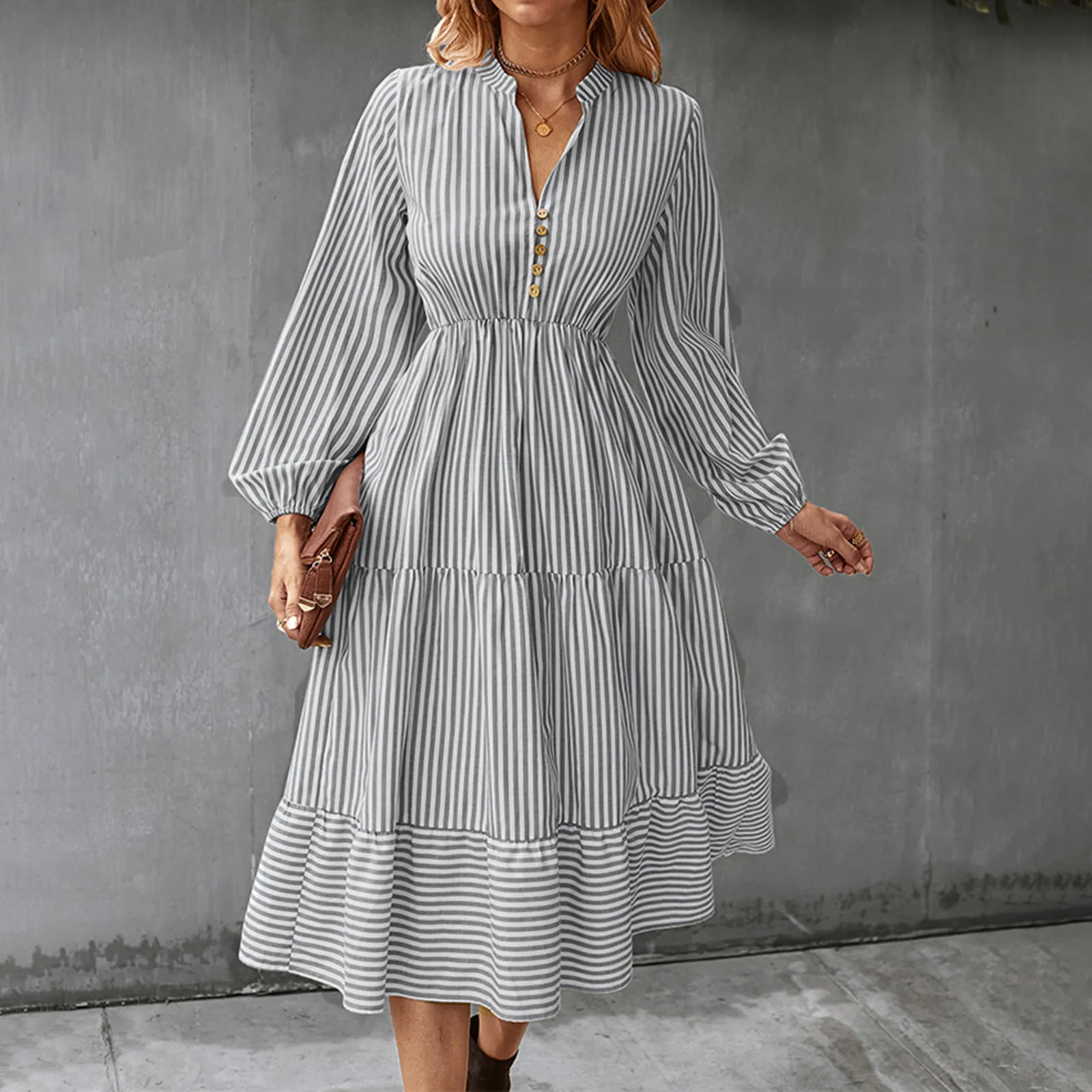 

Standing Collar Pus Size Striped Dresses Women Casual High Waist Long Sleeve Spring Streetwear Vintage Shirt Dress Maxi Vestidos