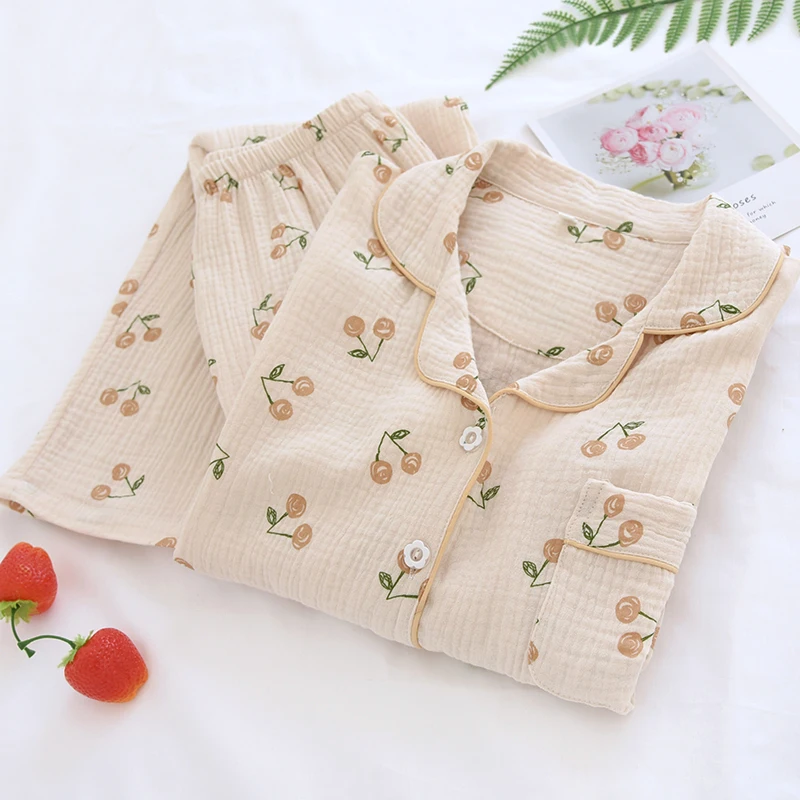 Cotton Yarn Spring Summer Autumn Long Sleeve Pijama Suit Pure Cute Pajamas Set Loungewear Crepe Ladies Pyjama Sleepwear Female