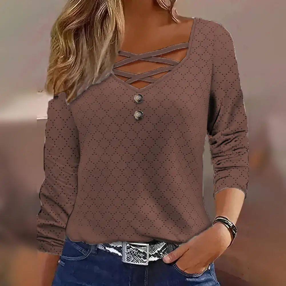 

Women Blouse Stylish Women's V Neck Hollow Out Long Sleeve Pullover Soft Button Decorated Spring/fall Loose T-shirt V Neck