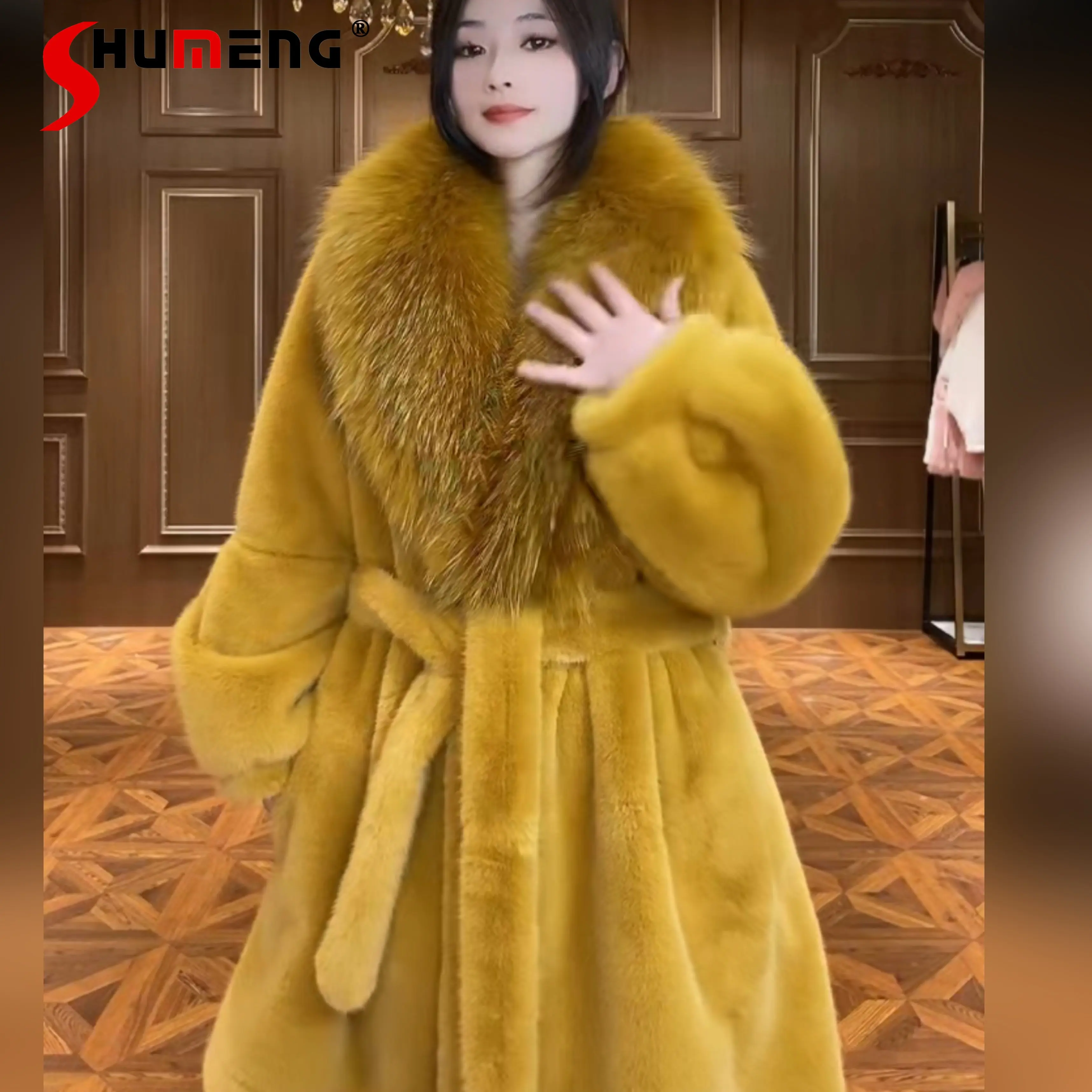 2022 Winter New Female Fashion Streetwear Fox Fur Mink Jacket Women's Elegant Trendy Long-Sleeved Patchwork Mid-Length Warm Coat