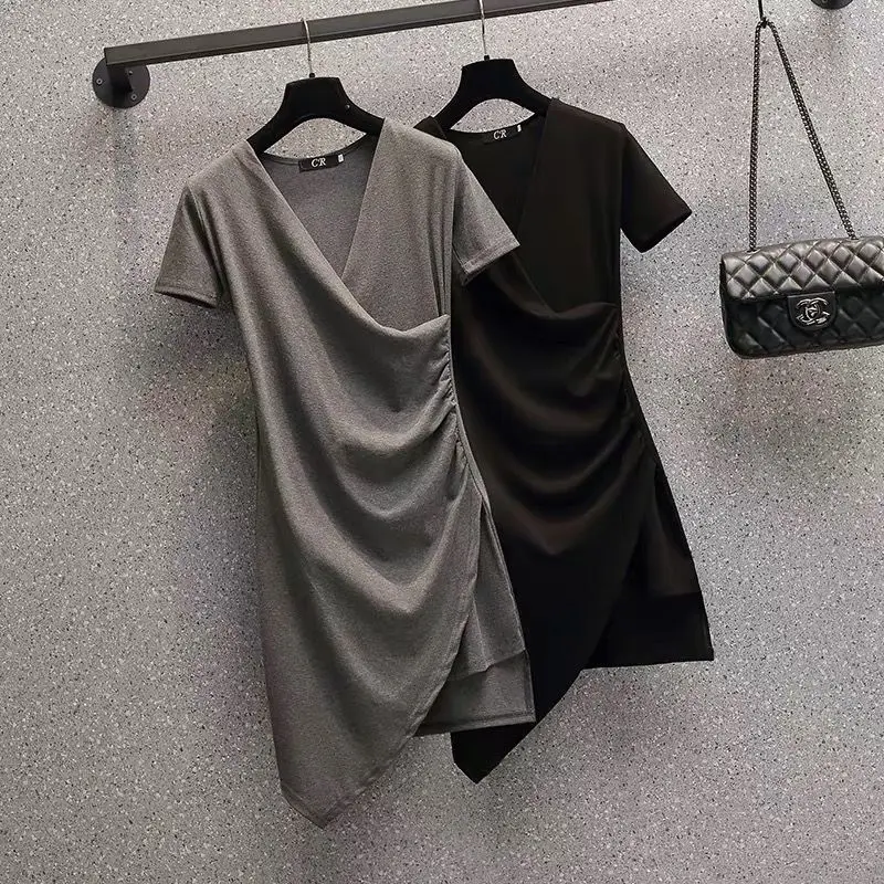 

Асимметричное женское платье, летнее Новое дизайнерское однотонное Плиссированное повседневное универсальное женское платье с круглым вы...