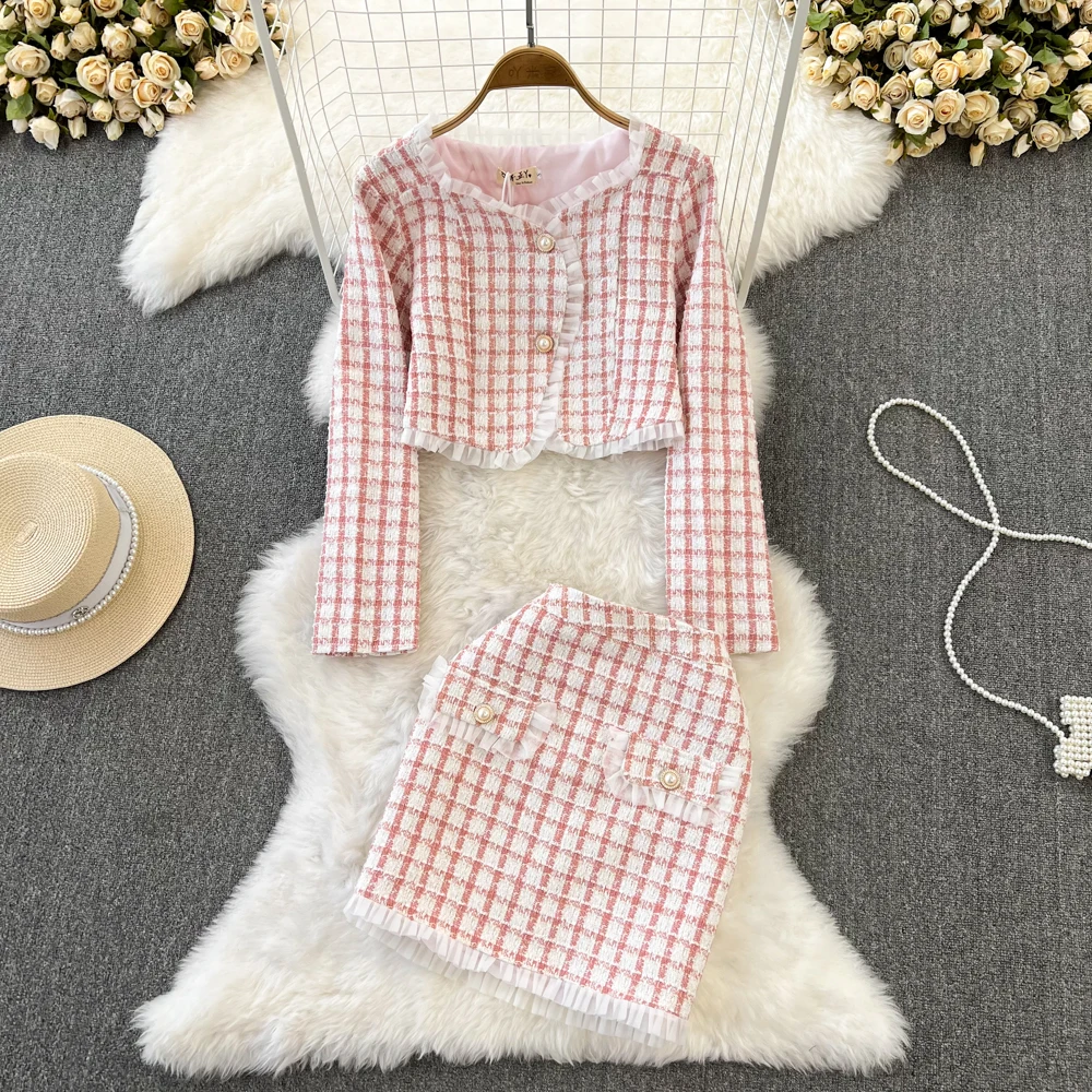 

Small Fragrance Fashion Suit Girl Style Tweed Short Coat + High Fanny Pack Hip Skirt Two Piece Set