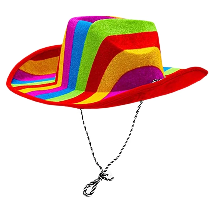 

E9LC Retro Rainbow Color Felt Cowgirl Hat with Anti-slip Band Western Hat Sun Protect