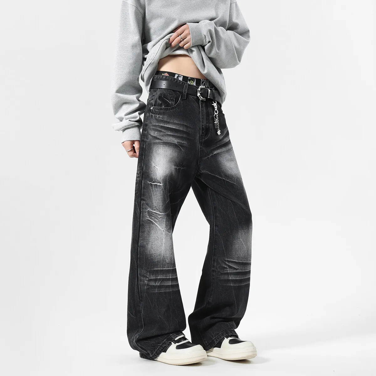 Одежда 2000-х годов черная уличная одежда Y2k потертые мешковатые джинсы брюки