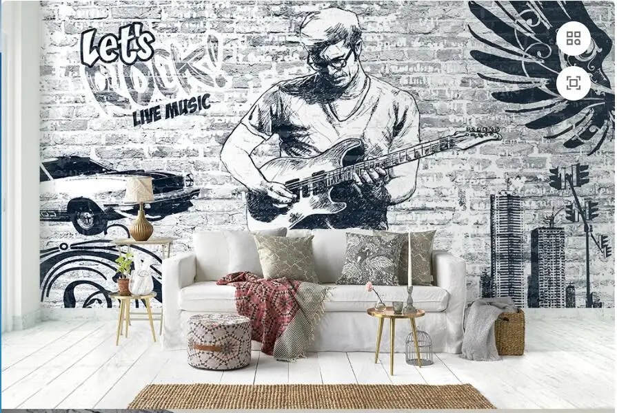 

3d фотообои на заказ, гитара, граффити, кирпичная стена, фоновая живопись, обои для гостиной, 3D-обои на стену