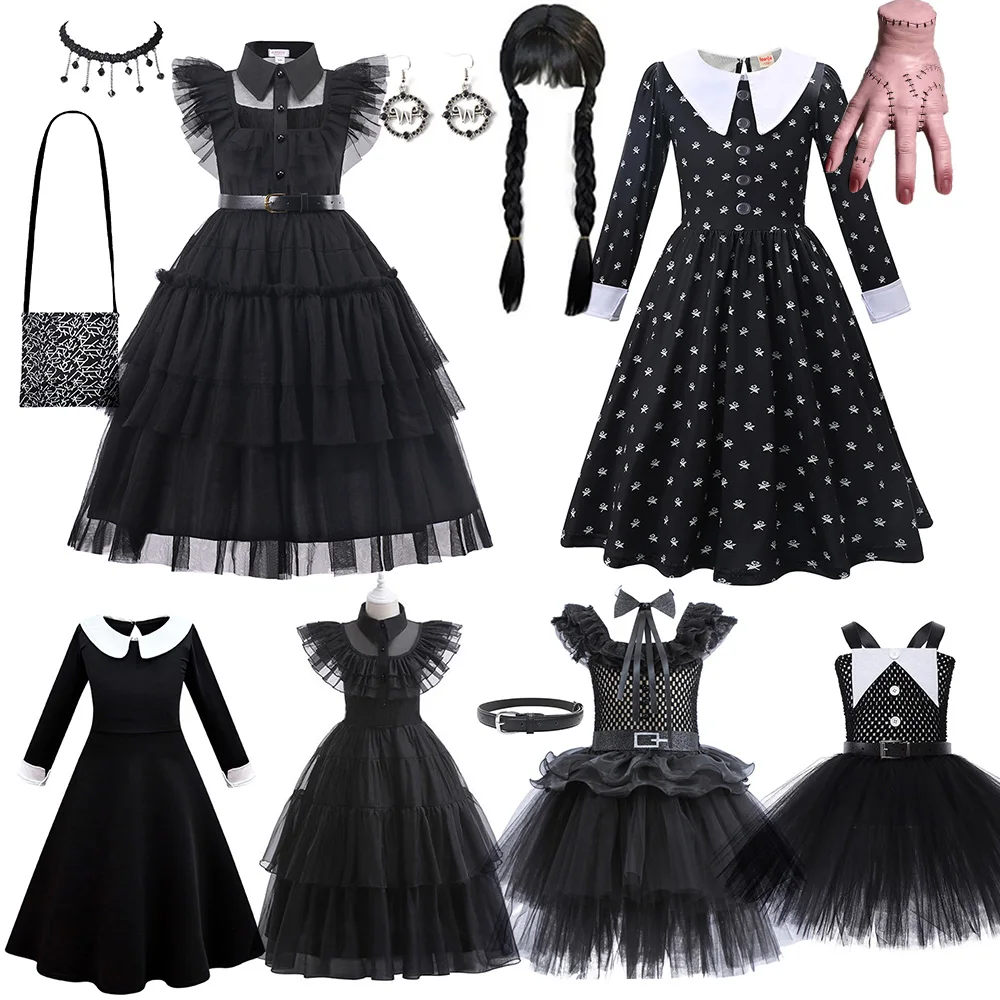 Halloween Wednesday Addams Movie Costume Girl Fancy Disguise Cosplay Party Clothes Carnival Children Princess Dress Up Vestido