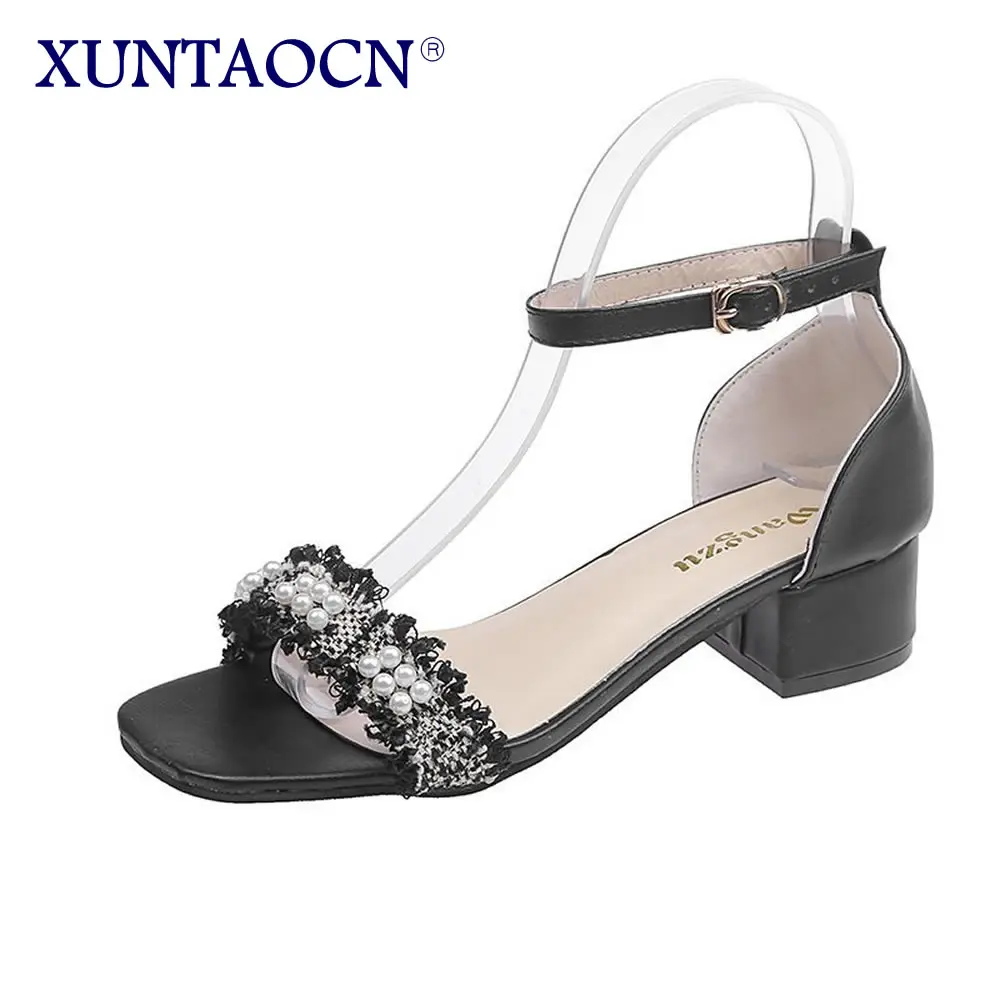 

Новинка 2021, женские сандалии с квадратным носком и жемчугом, летние женские сандалии на среднем каблуке с ремешком и пряжкой, женские сандал...