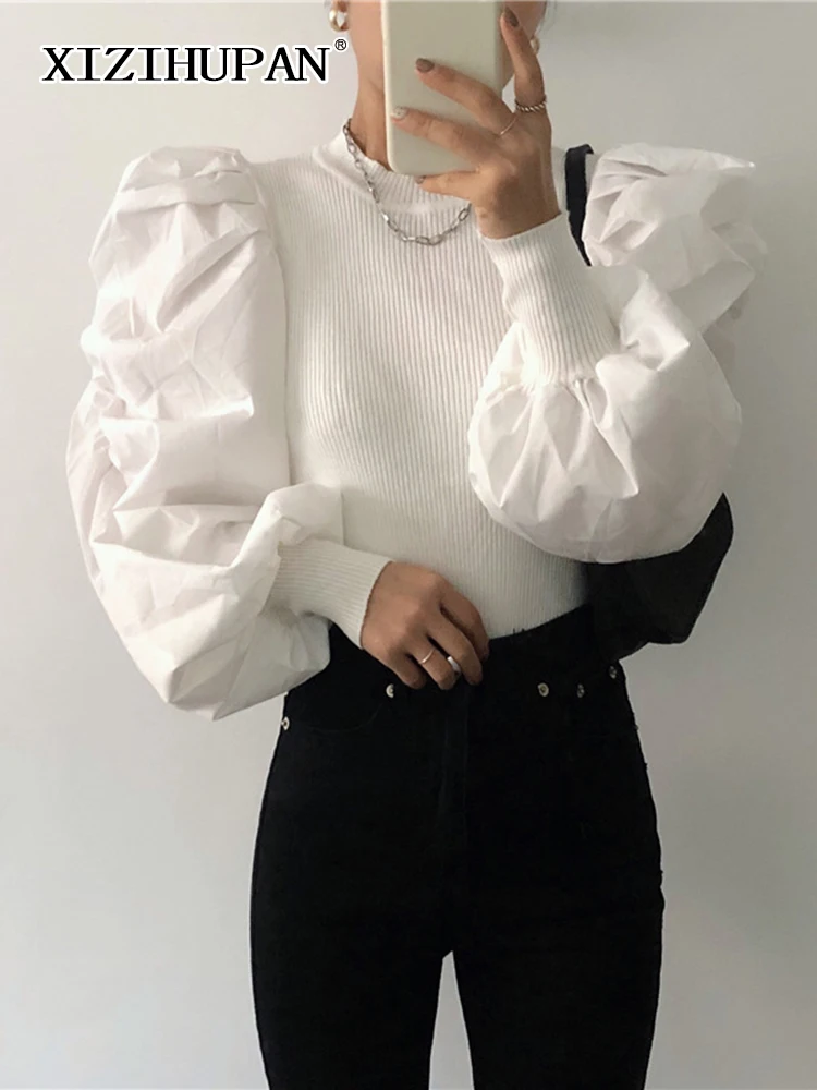 

XIZIHUPAN Solid Knitting Sweaters For Women Round Neck Long Puff Sleeve Minimalist Pullovers Female 2022 Autumn Fashion Clothing