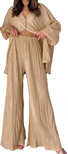 

Женский Повседневный брючный комплект, новинка 2023, осенняя однобортная плиссированная домашняя одежда и драпированные плиссированные расклешенные брюки, комплект из двух предметов