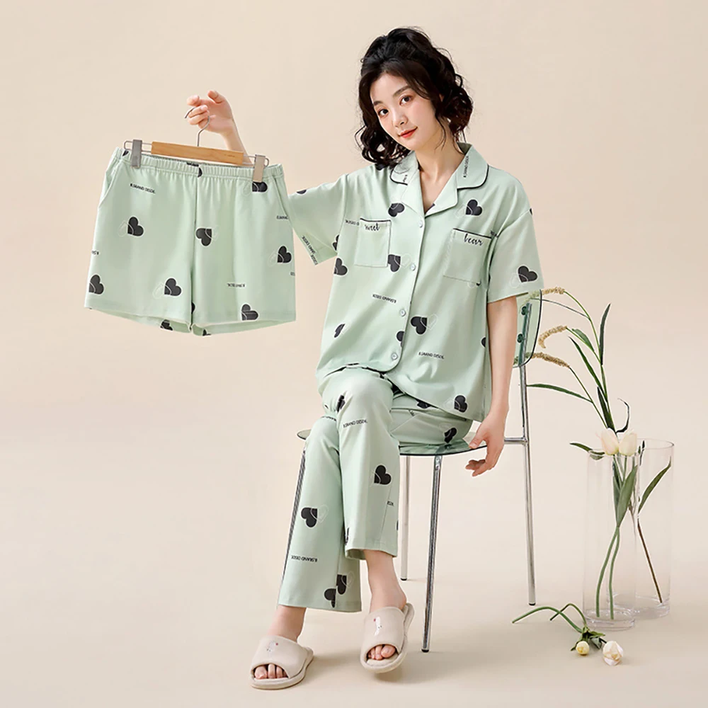 3Pcs Women's Summer Cotton Suit Casual Thin Short Sleeve Sleepwear+Fashion Print Pajamas Pants+Elastic Shorts Soft pijama mujer