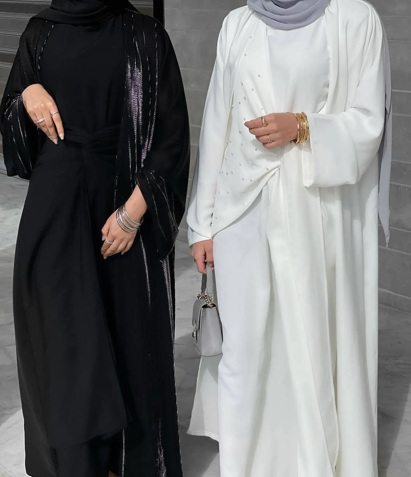 

2 Piece Matching Muslim Sets Open Abaya Kimono +Pearls Wrap Front Inner Hijab Dress Abayas for Women Dubai Turkey African Islam