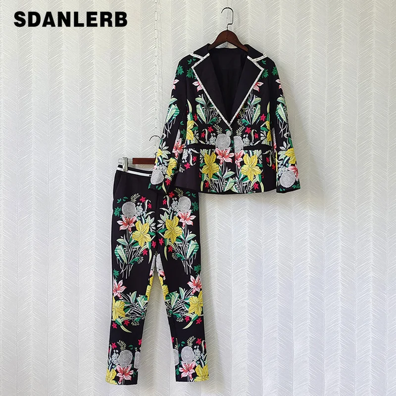 

Two Piece Set Long Sleeve Foreign Trade Suit Temperament Commute Coat Fashion Black Casual Floral Printed Straight-Leg Pants