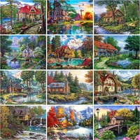 gatyztory 60x75cm frame paint by numbers forest house scenery kits diy rivers on canvas home decor digital handpainting