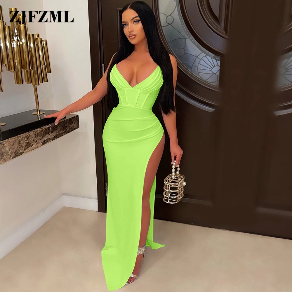 

Сексуальное женское длинное платье на бретелях-спагетти, платье-бандаж с высокой талией и разрезом сбоку, Элегантное летнее Клубное платье ...