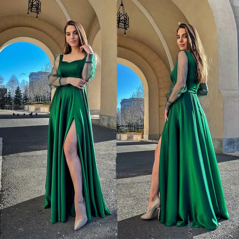 Women Satin Prom Evening Dress Sexy Square Collar Hollow Long Sleeve Party Dress Elegant High Split  A-Line Bridesmaid Dresses