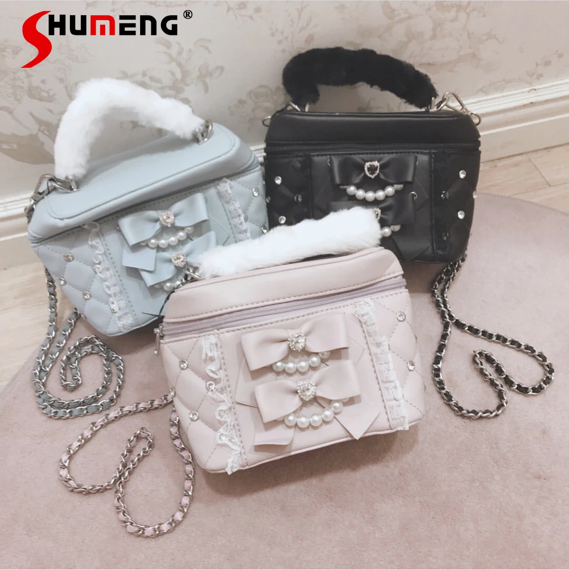 

Japanese Style Cute Beaded Furry PU Leather Handbags for Women 2023 New Sweet Pearls Bow Bucket Shoulder Side Bag for Ladies