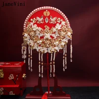 janevini luxury jewelry red bridal fan round pearls crystal wedding fan type bouquet chinese style tassel ancient bride bouquet