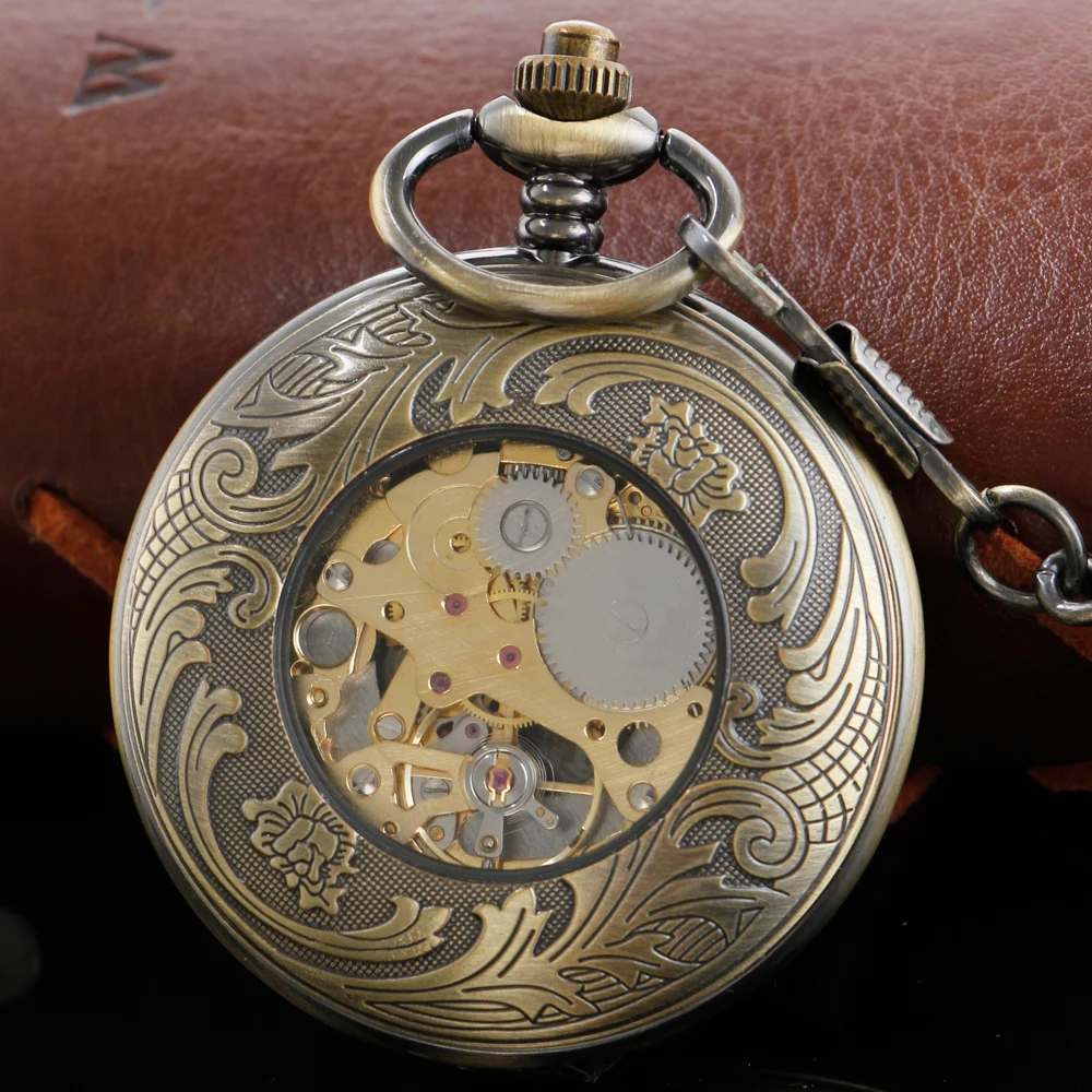 Antique Moon Phase Flywheel Gear Relief Steampunk Mechanical Pocket Watch Retro Gentleman Analog Signal Clock Lady Jewelry Gift