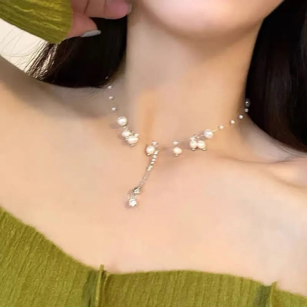 

Trend Unique Design Elegant Delicate Imitation Pearl Zircon Tassel Necklace Women Fashion Jewelry Wedding Party Premium Gift