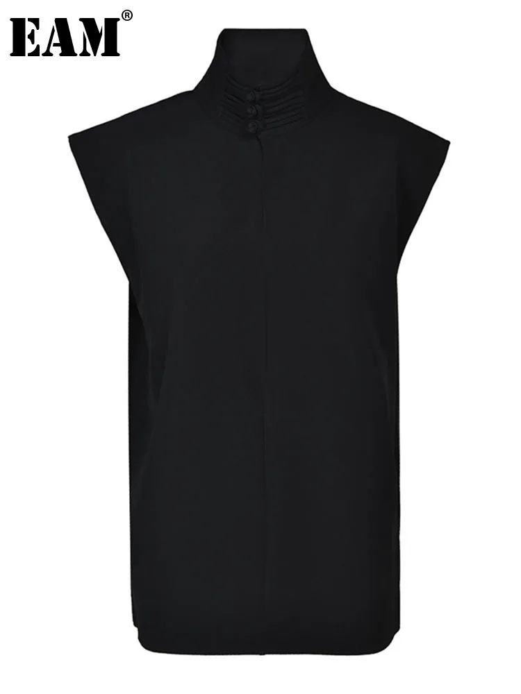 

[EAM] Women Vintage Black Big Size Blouse New Stand Collar Sleeveless Loose Fit Shirt Fashion Tide Spring Autumn 2023 1DF8900
