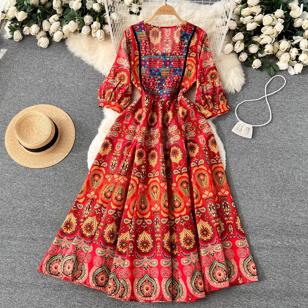Spring Summer Ethnic Printed Embroidered Square Collar Dress Women Loose New Fashion Vintage Casual Vestidos J036