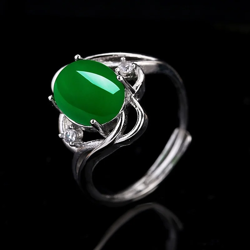 

Natural Chinese Green Chalcedony Hand Carved Water Drop Ring Fashion Jewelry Men and Women Green Agate Open Adjustable Ring