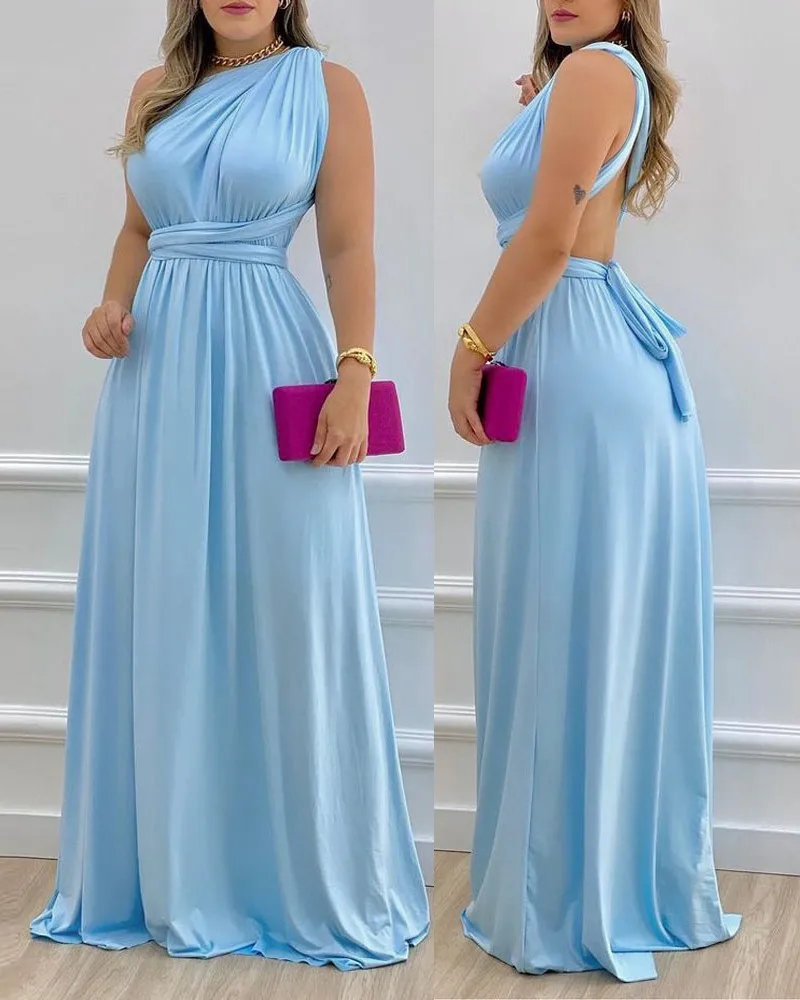 

2022 Solid temperament commuter suspender high waist blue long dress dress