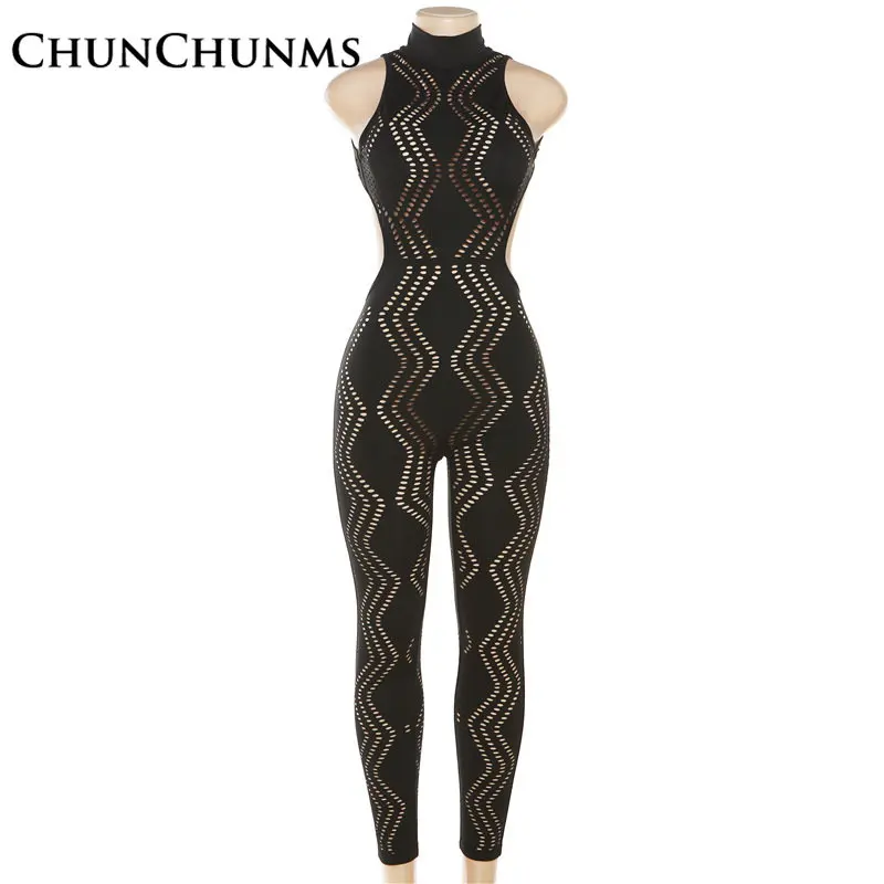 Sexy Backless Sleeveless Halter Tight Jumpsuit For Women Mesh Hollow Out Knitted Burnout Romper Club Midnight One Piece Pant