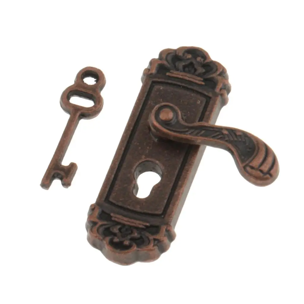 

12th Metal handle for door Right Knob Plate & Key Set Doll House Miniature 4PCS