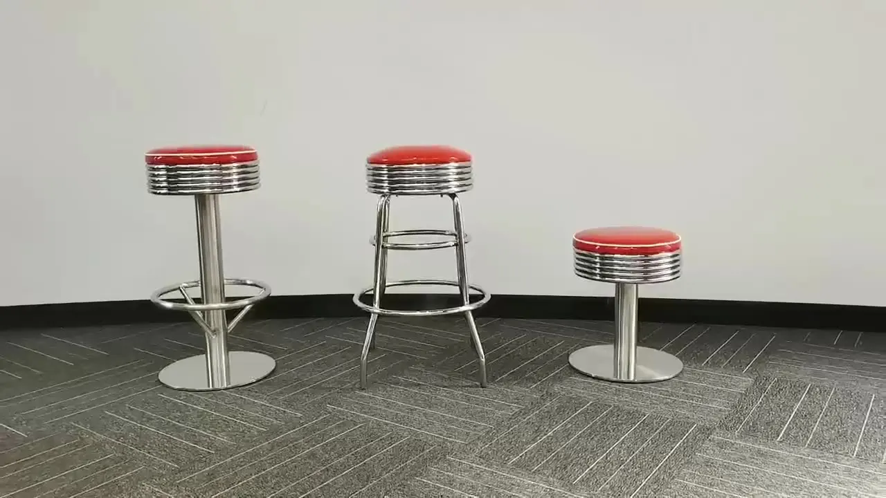 

O143 American stainless steel chair Tall short round red leather Bar Coffee Shop Burger Restaurant High stool