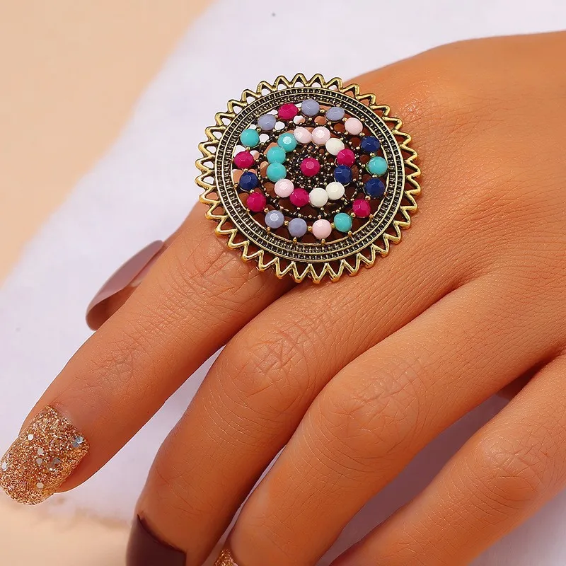 

Vintage Big Round Corful CZ Ring Ethnic Indian Jewellery Women's Bohemian Gold Color Alloy Ring Wedding Jewelry Gift