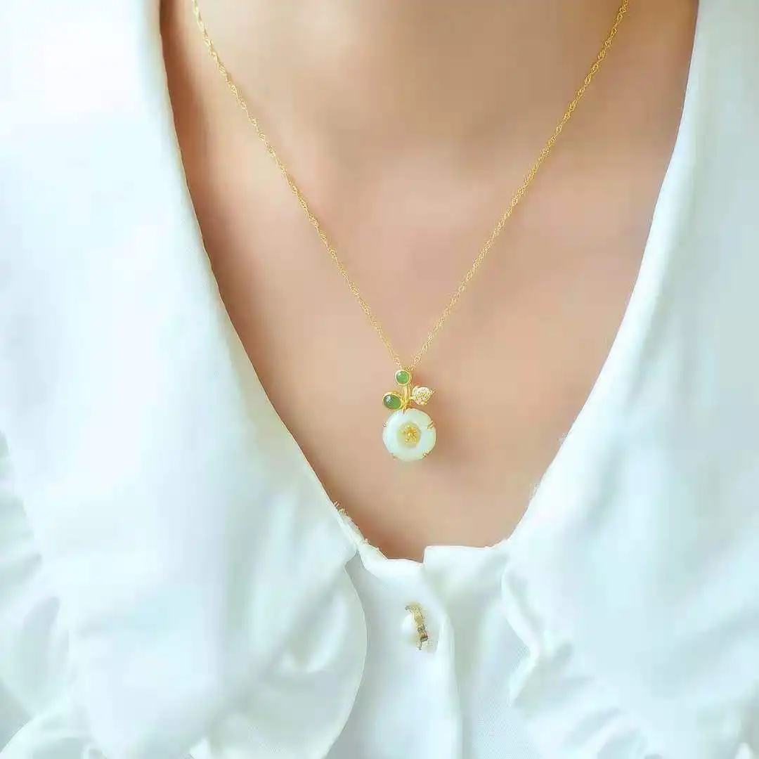 Подвеска из натурального жадеита Хэтянь с цветочным узором из серебра S925 в стиле ретро для культурной шейной цепочки.