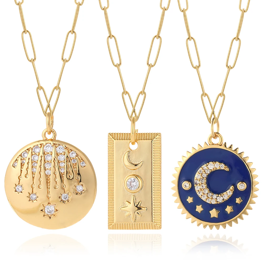 

Round Star Moon Inlaid Zircon Pendant Necklaces for Women Men Punk Jewelry Stainless Steel Link Chain Adjustable Lobster Clasp