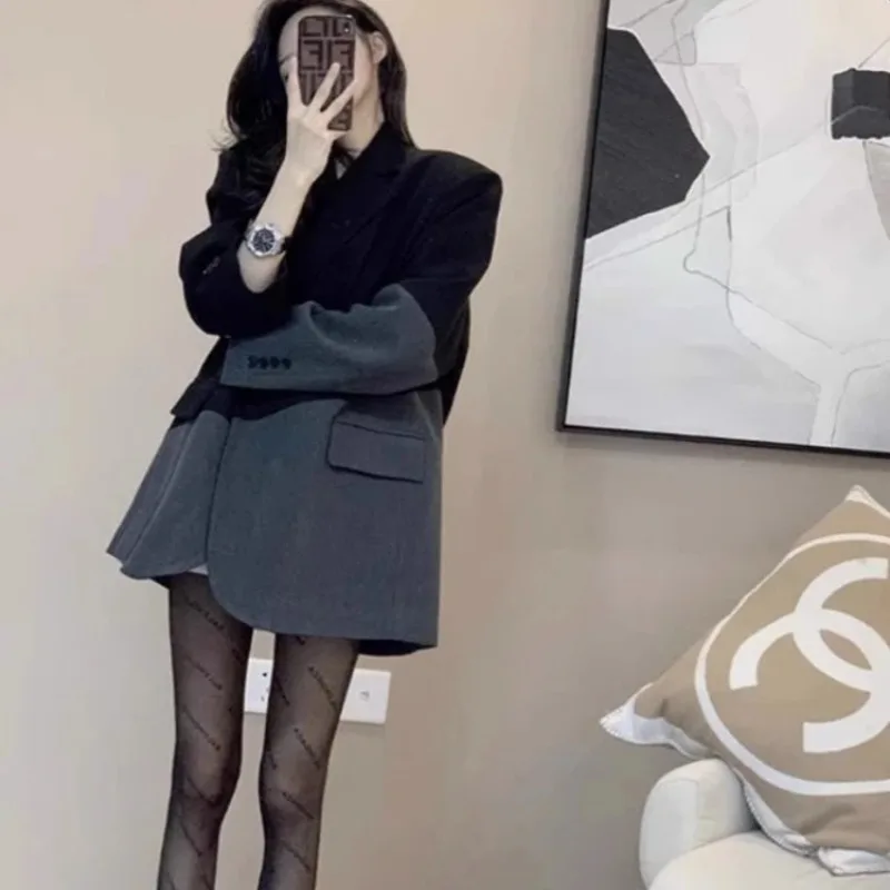 łniana marynarka damska wiosenna biurowa prosta na wszystkie mecze osobowość atrakcyjna luźna patchworkowa w stylu koreańskim z temperamentem