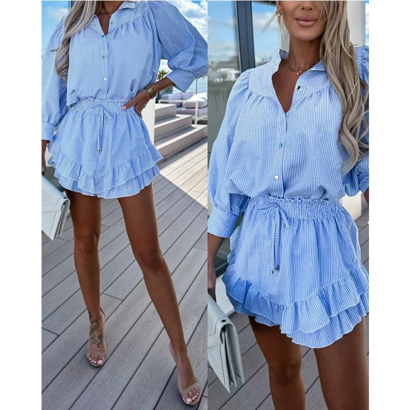 

Women Elegant Fashion Two Piece Set Long Lantern Sleeve Buttoned Shirt Top Ruffle Hem Skorts Skirt Clothing Suit Summer Outfits