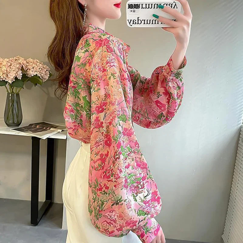 Модная свободная шифоновая рубашка с рукавами-фонариками и принтом женская