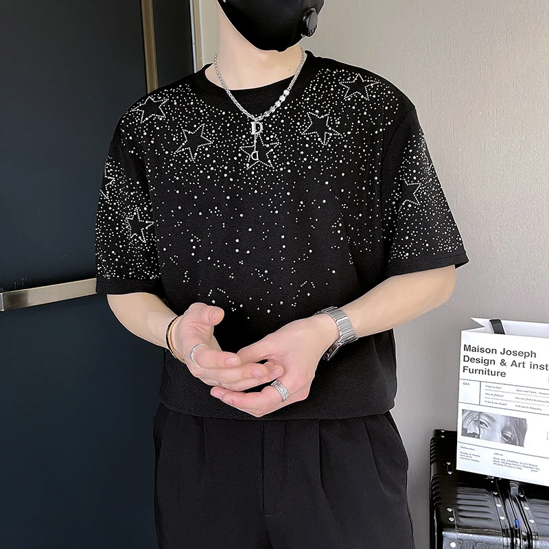 

Корейская Мода Звездные Горячие Алмазные футболки мужские с коротким рукавом тонкие футболки с круглым вырезом повседневные футболки Топы уличная мужская одежда 2023