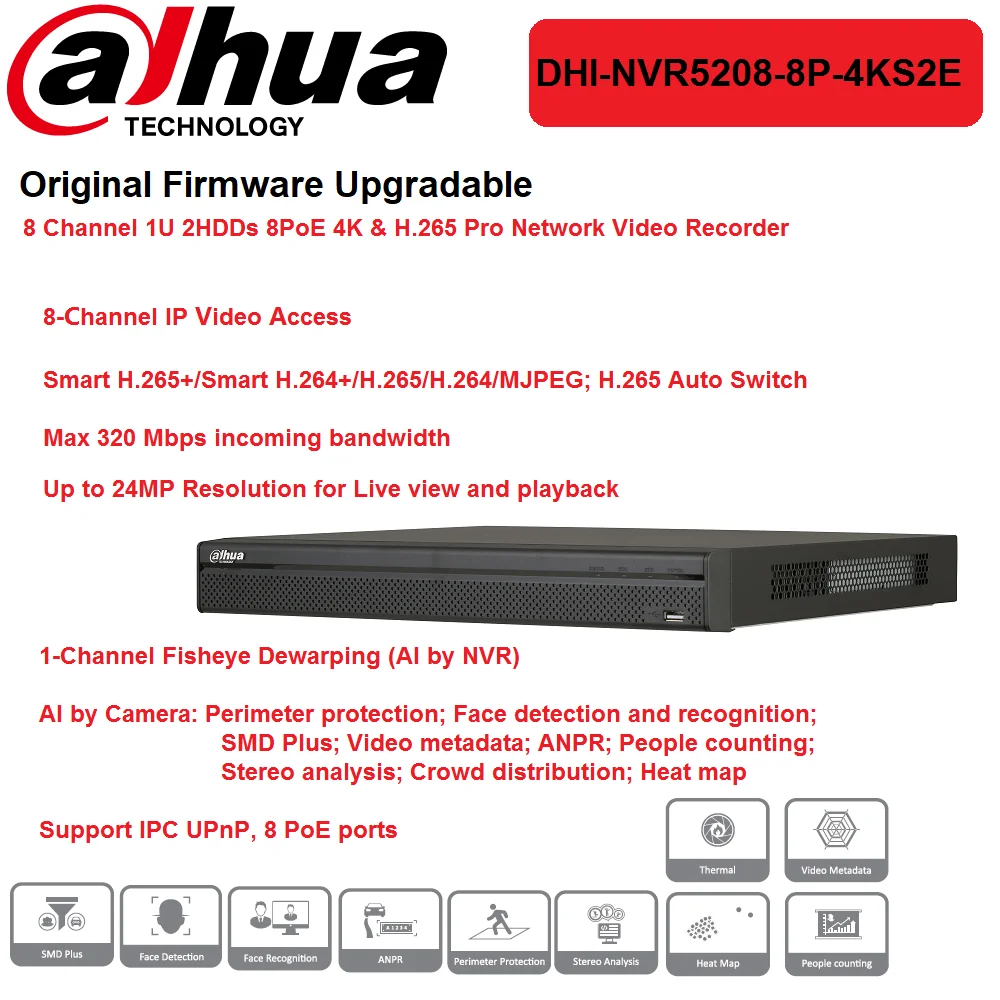 

Original Dahua NVR5208-8P-4KS2E Network Video Recorder 8 Channel 1U 2HDDs 8PoE 4K & H.265 Pro NVR
