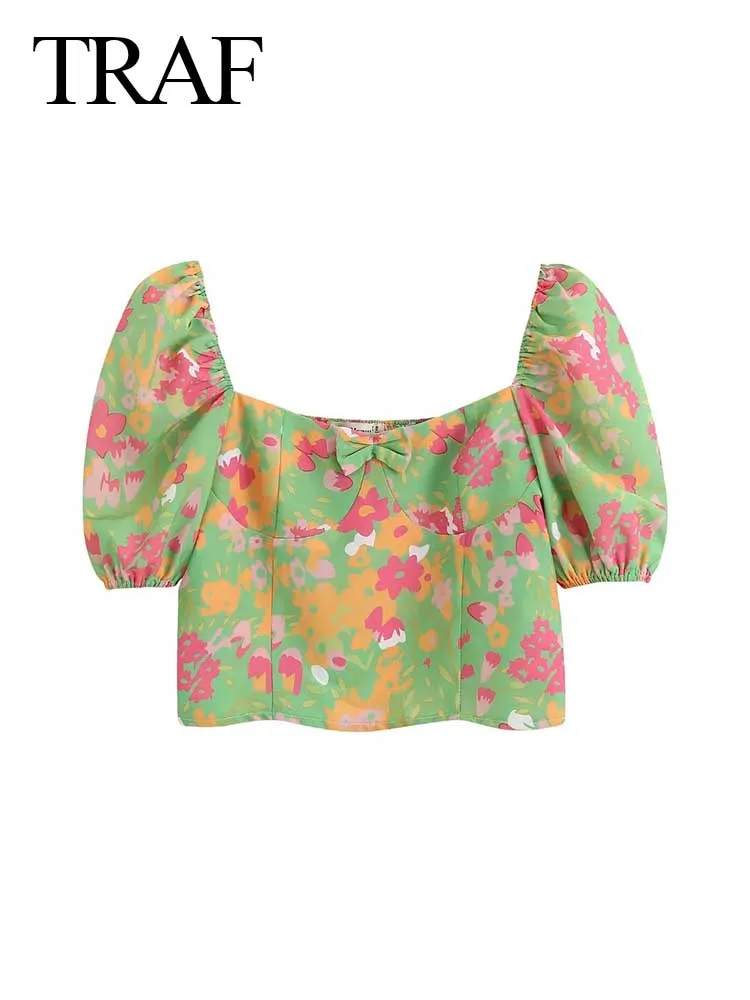 

TRAF 2022 Summer New Women Floral Short Vest Raglan Puff Short Sleeves Square Neck Tube Top Tight Elastic Sexy Cute Beach Daily