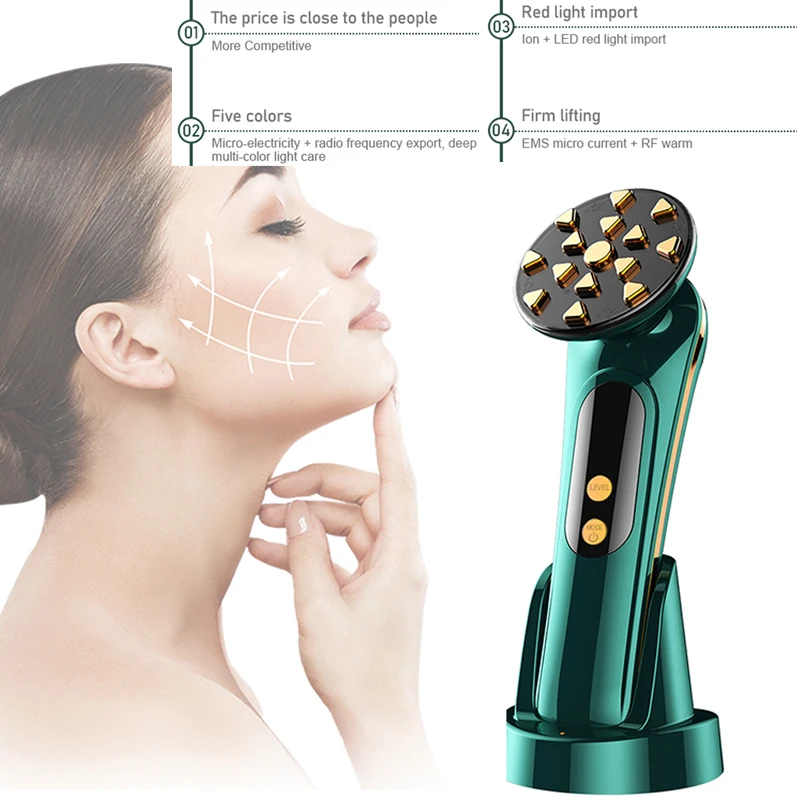 

Радиочастотное устройство для красоты, устройство для подтяжки лица, мезотерапии, радиочастота, 5 светодиодных цветов, теплый телефон, средство для ухода за кожей, против морщин