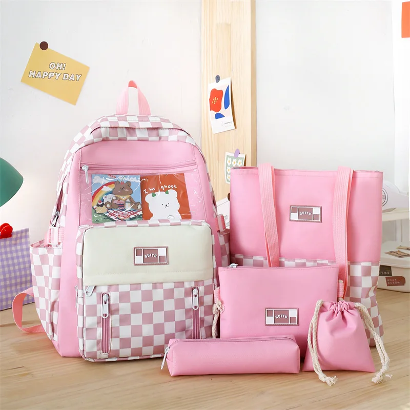 

Dropshipping 4pcs cartoon cute plaid backpack large capacity school backpacks for students female bag girls schoolbag