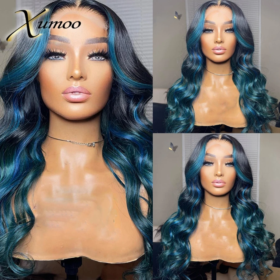 XUMOO Highlight Blue 13x4 Lace Front Human Hair Wigs Transparent Lace Body Wave For Women Brazilian Remy Human Hair Gluelss Wigs