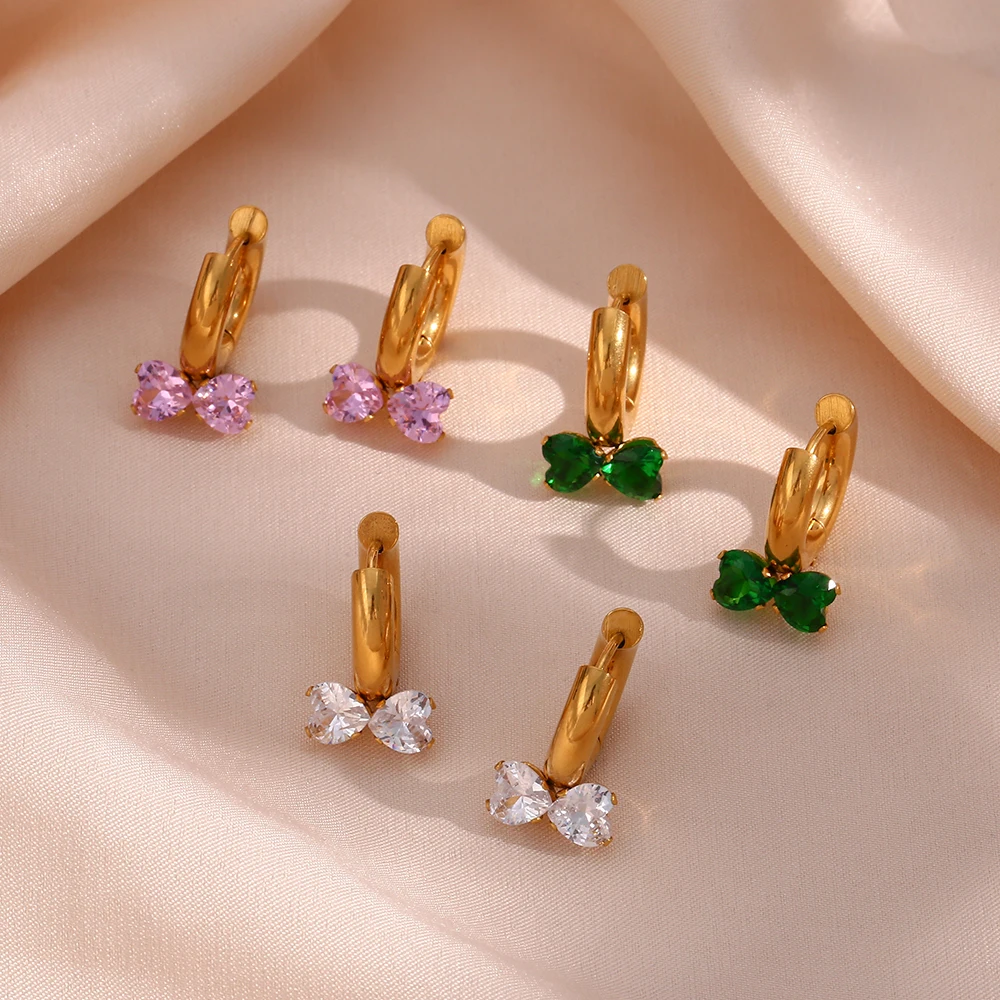 

2022 Lovely Pink Green Clear AAA Zircon Bow Hoop Earrings for Women 18K Gold Plated Waterproof Earrings High Quality Jewelry